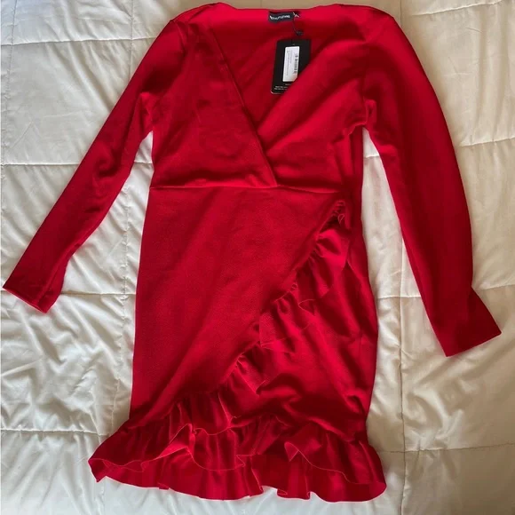 PrettyLittleThing | Dresses | Pretty Little Thing Red Ruffle Wrap Dress |  Poshmark
